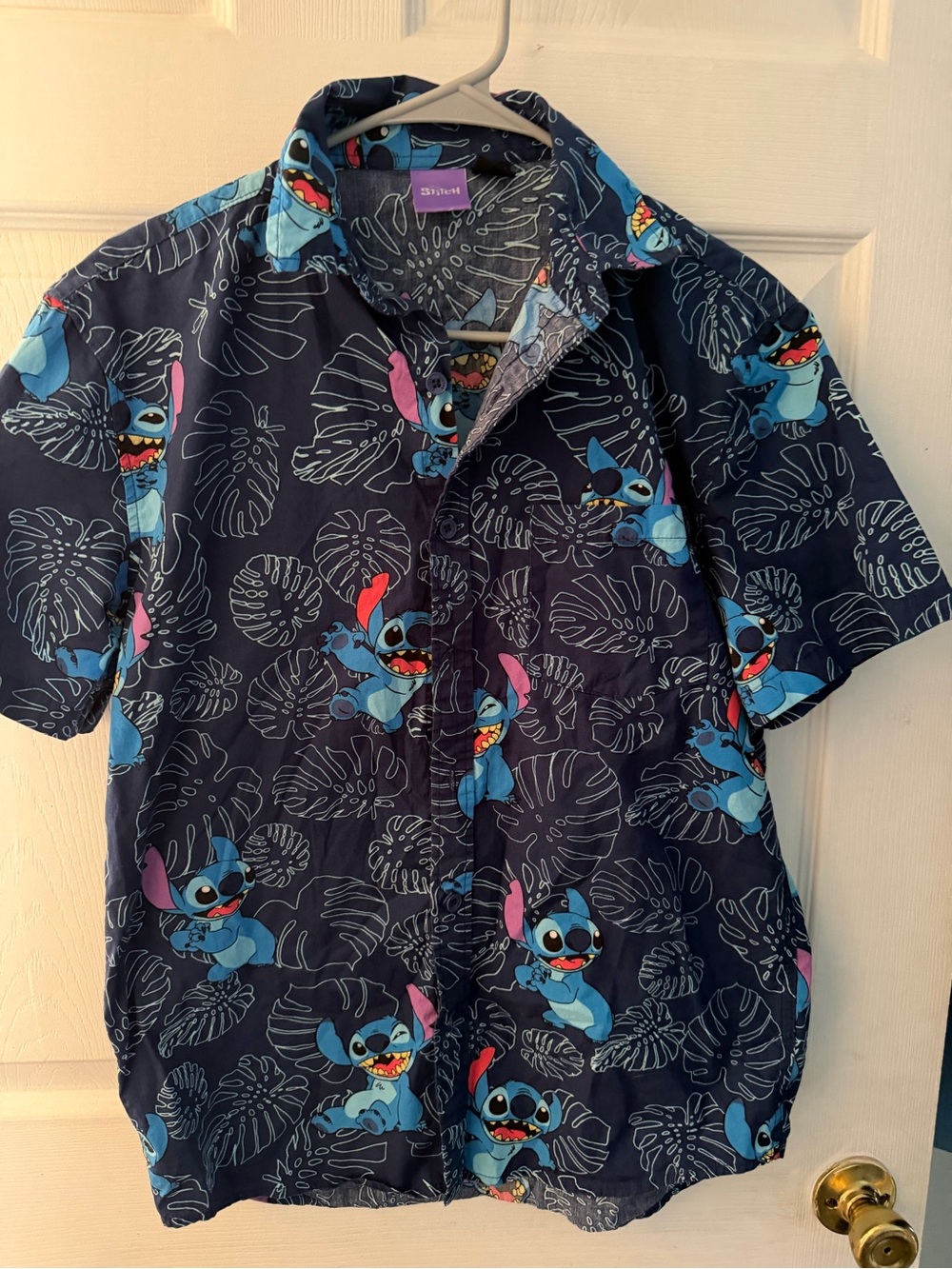 Disney Navy Blue Stitch Short Sleeve Button-Up Shirt